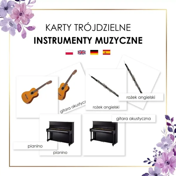 karty edukacyjne Montessori instrumenty muzyczne po polsku, po angielsku, po niemiecku, po hiszpańsku