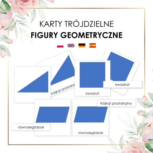 karty edukacyjne trójdzielne figury geometryczne po polsku, angielsku, niemiecku i hiszpańsku