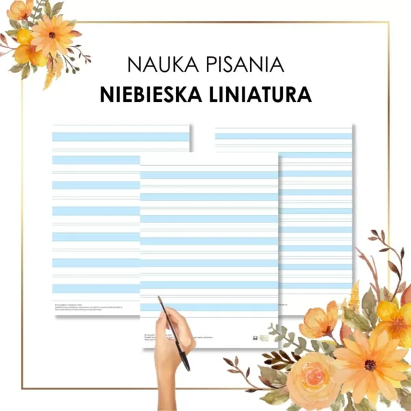 niebieska liniatura do nauki pisania pisanie liter w liniaturze, pisanie w liniaturze Montessori