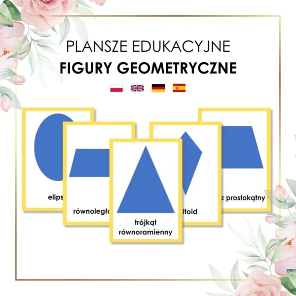 plansze edukacyjne figury geometryczne dla dzieci po polsku, angielsku, niemiecku, hiszpańsku