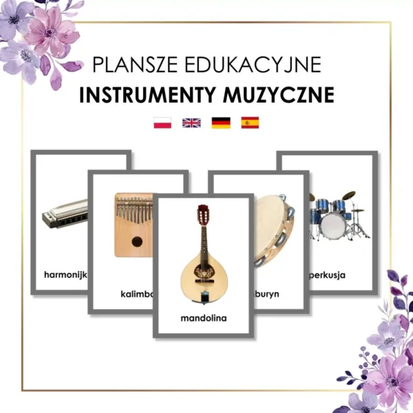 plansze edukacyjne instrumenty muzyczne Montessori w języku polskim, angielski, niemieckim i hiszpańskim