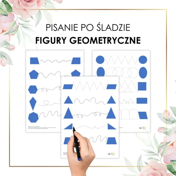 figury geometryczne pisanie po śladzie Montessori karty pracy do druku PDF