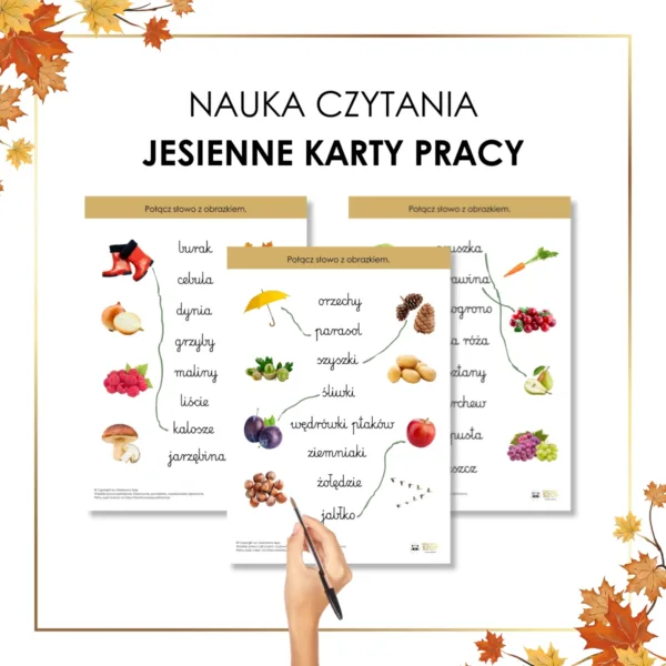 jesienne karty pracy nauka czytania połącz słowo z obrazkiem Montessori słowa i realistyczne zdjęcia