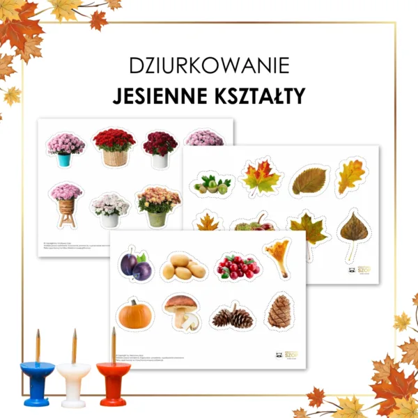 Jesienne kształty do dziurkowania Montessori – szyszki, żołędzie i grzyby.