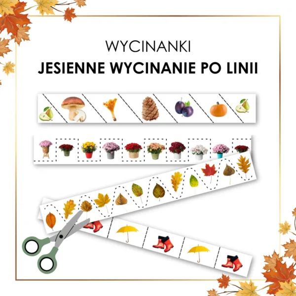 jesienne wycinanki dla dzieci do druku pdf - grzyby, liście, parasole do wycięcia po linii