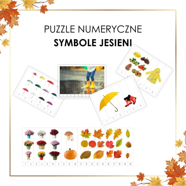 Jesienne puzzle do nauki liczenia – grzyby, szyszki, żołędzie.