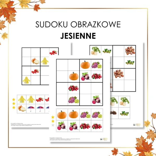 jesień sudoku obrazkowe dla dzieci 12 plansz z 3 poziomami trudności do druku