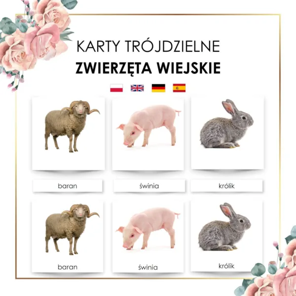 zwierzęta wiejskie karty trójdzielne baran świnia królik